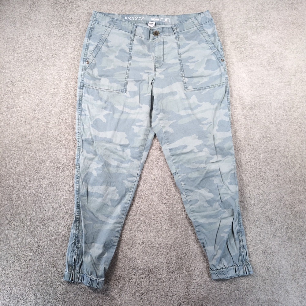 Sonoma Life Style Jogger Pants Womens 12 Gray Camo Cotton Tapered Leg Ankle Zip